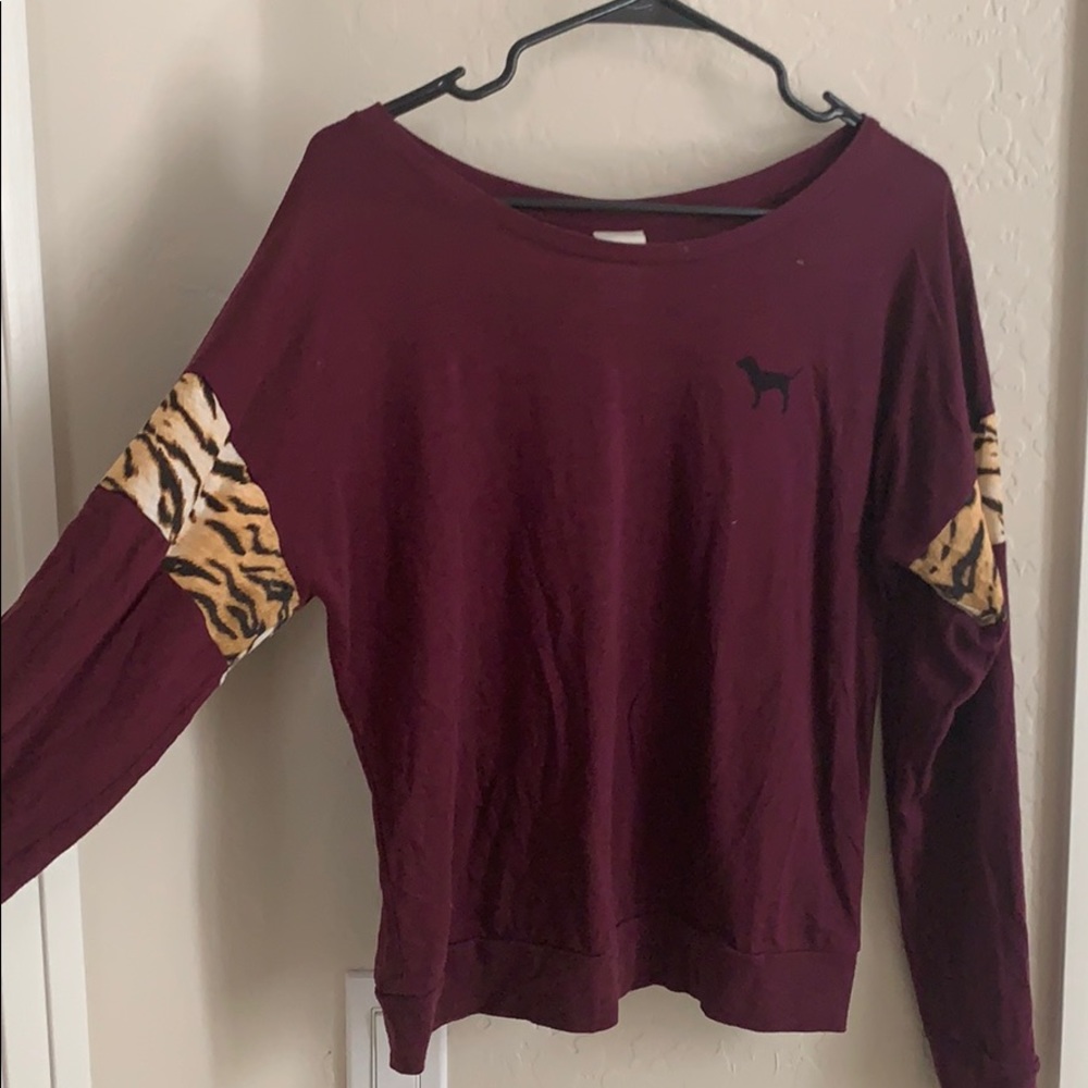 PINK VS Maroon Long Sleeve with Cheetah Accent